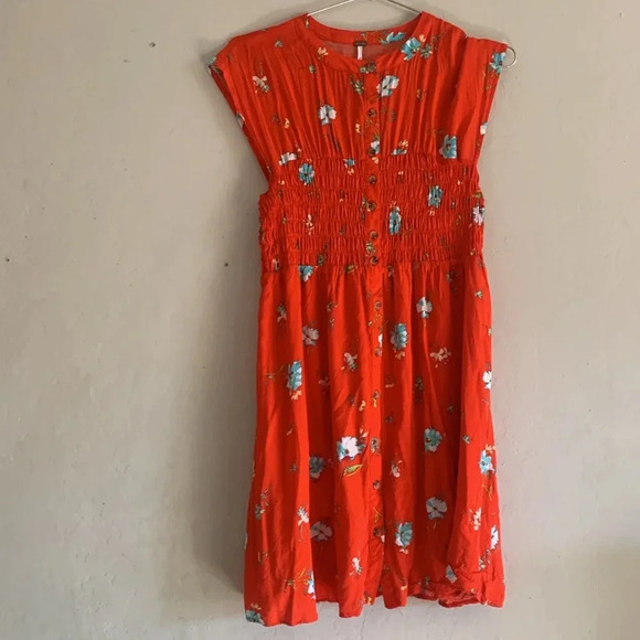 Free People Women M Greatest Day Mini Dress Orange Floral Smocked Size Small - Picture 2 of 7